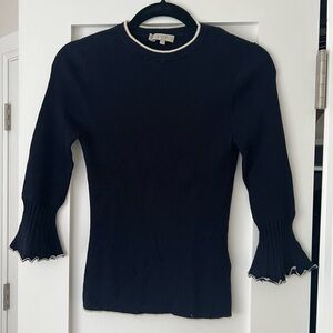 Navy Ribbed Wool Hobbs London Crewneck Ruffle Sweater [Small]